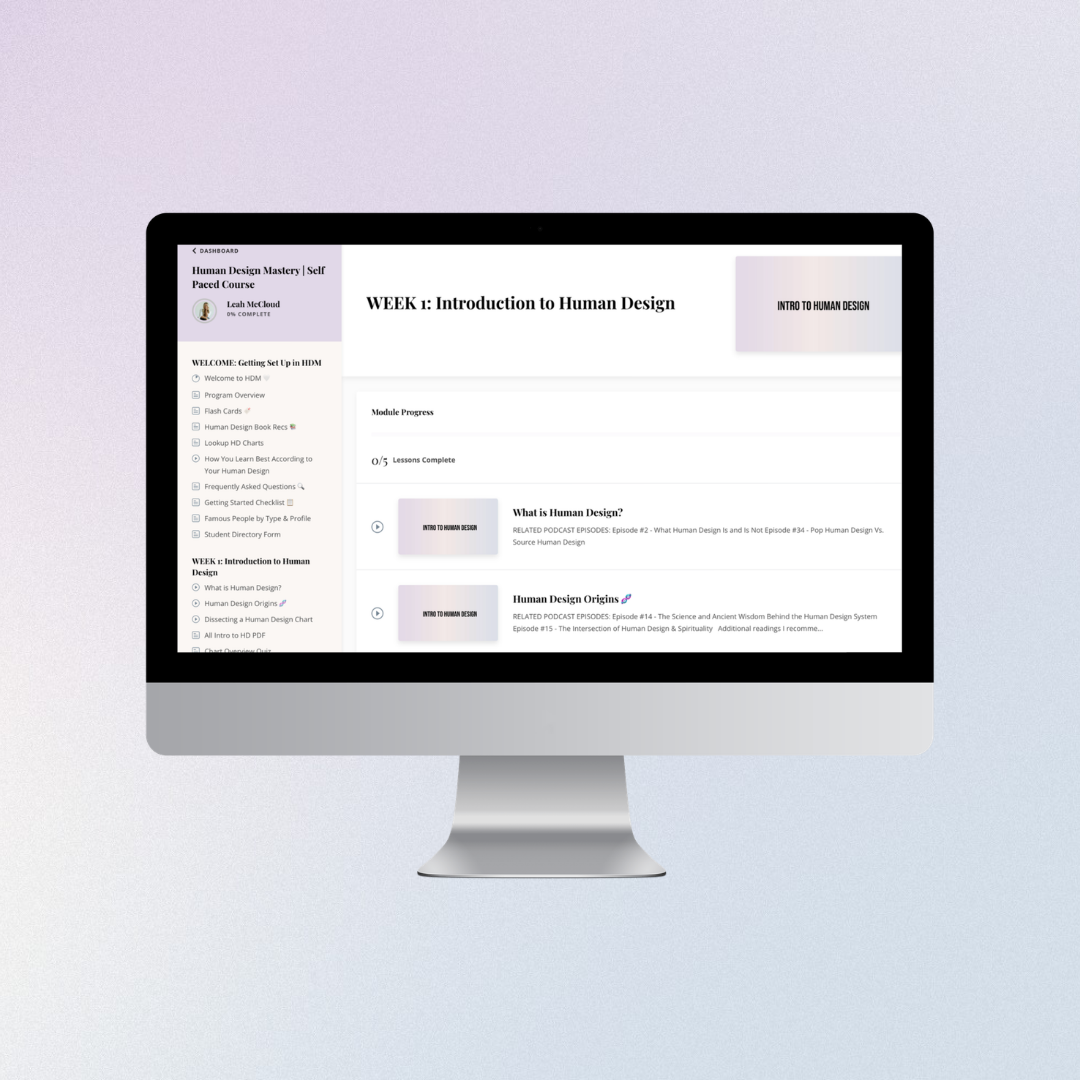 Computer screen displaying an online course titled "Human Design Mastery" with a "Start Lesson" button.