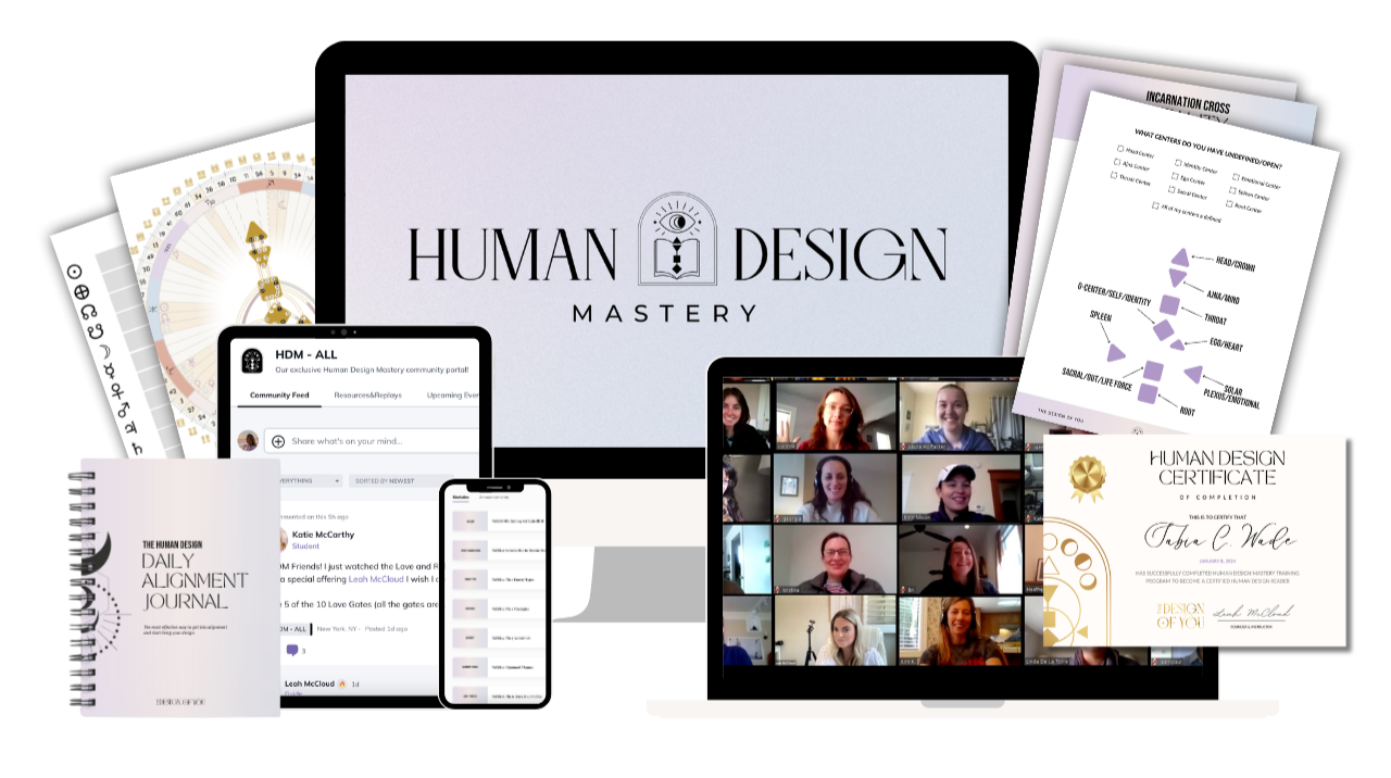 Digital collage of human design mastery materials including a large screen with the logo, a video call with multiple participants, a smartphone with a community feed, a certificate of completion, a daily journal, and various charts and worksheets.