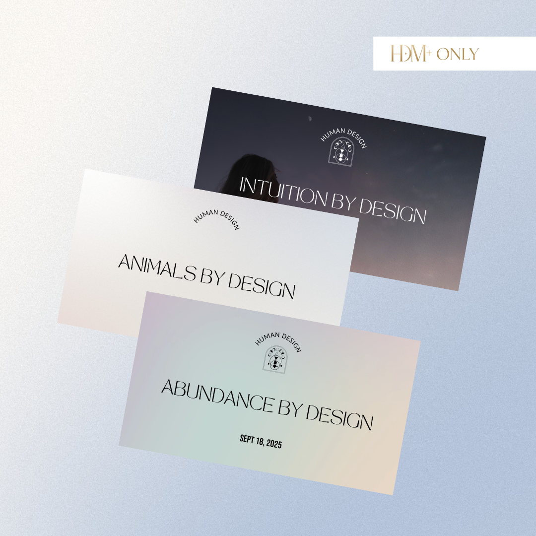 Three overlapping promotional cards for the Human Design system, each with different themes: intuition, animals, and abundance. The cards have minimalist designs with text and small graphics, set against a light gradient background.