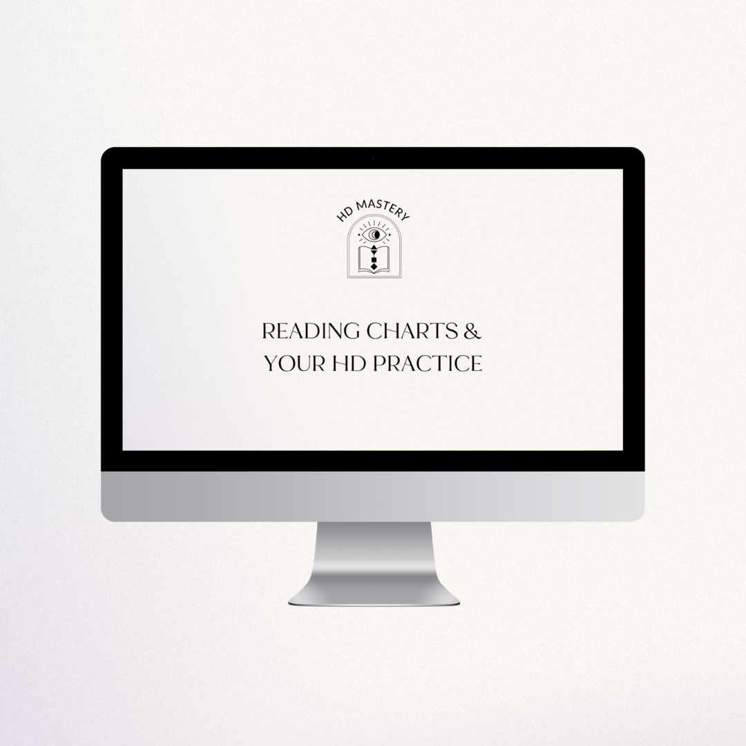 Computer monitor displaying a page with the text 'READING CHARTS & YOUR HD PRACTICE' and a logo with an eye, an open book, and the words 'HD MASTERY.'