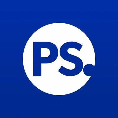 Adobe Photoshop logo with blue background and white circle containing 'PS' in blue lettering.