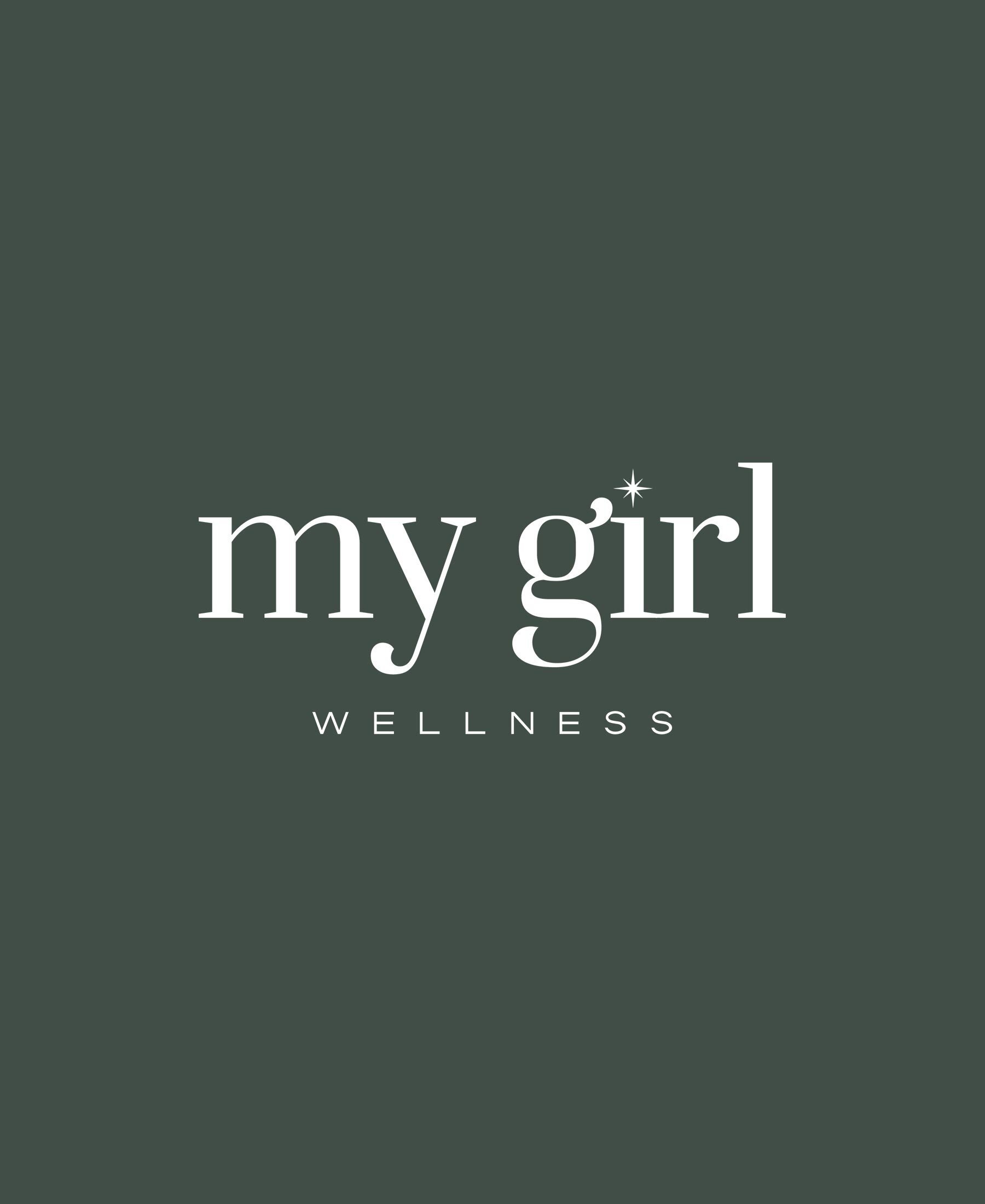 Logo for my girl wellness, with white text on a dark green background.