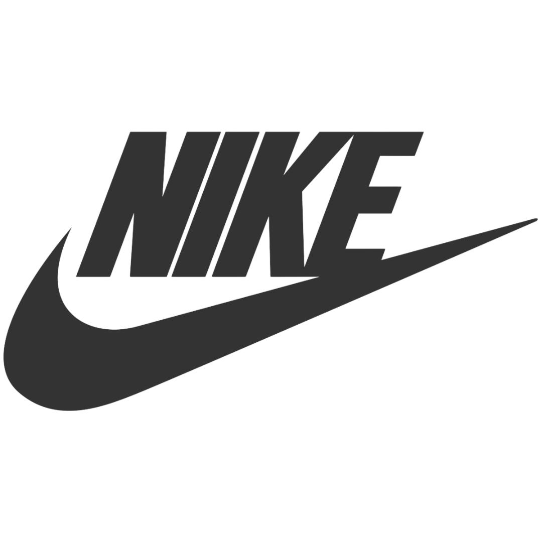 Black and white Nike logo with the swoosh and the word 'NIKE' in bold capital letters.