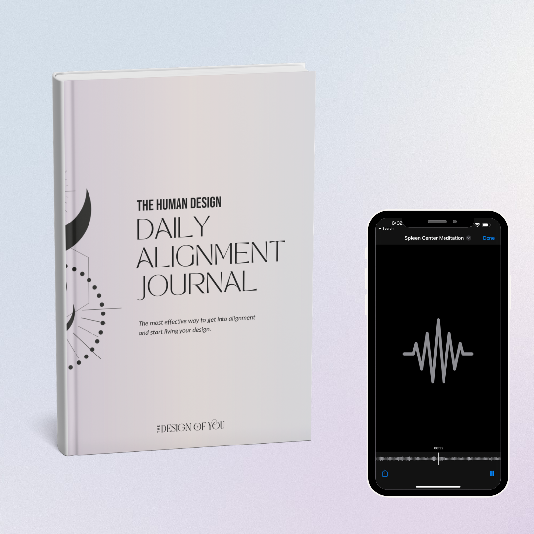 A spiral-bound book titled 'The Human Design Daily Alignment Journal' next to a smartphone displaying a meditation app with a waveform logo.