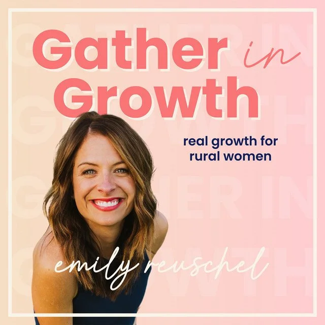 Book cover titled 'Gather in Growth' by Emily Newschel, featuring a smiling woman with shoulder-length brown hair in a blue top, promoting growth for rural women.