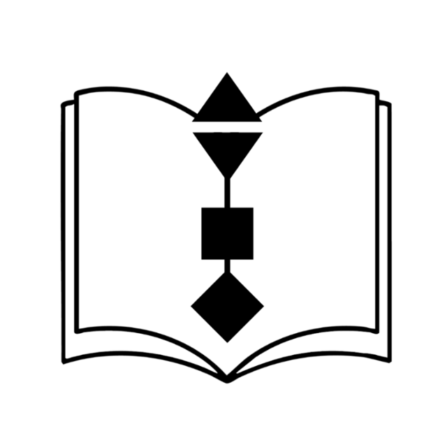 Outline illustration of an open book with blank pages.