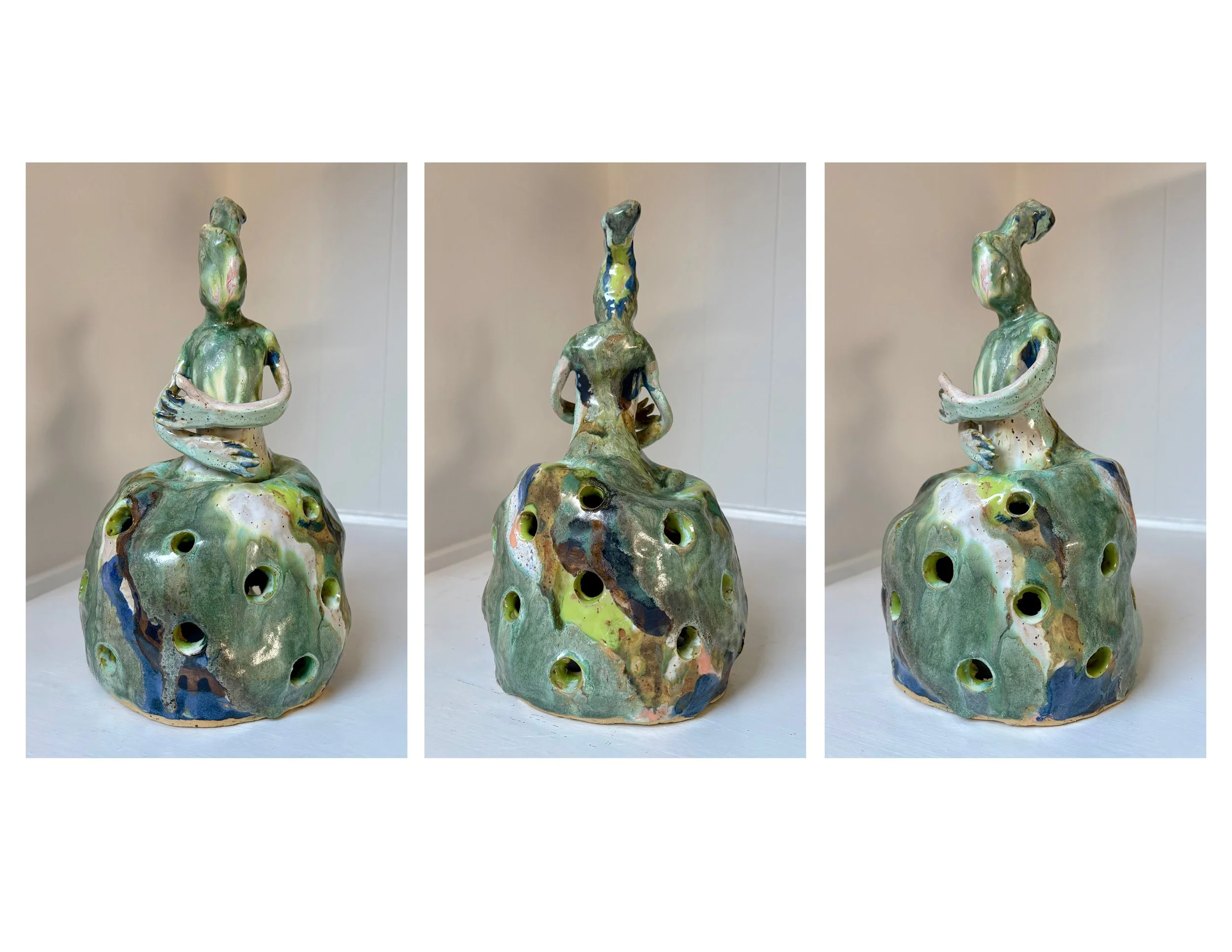 Clay is fundamental to my practice. It introduces physical presence, permanence, and scale, while the glaze functions as light and water, completing the form through a controlled yet unpredictable process. The work stands as a unique sculptural piece