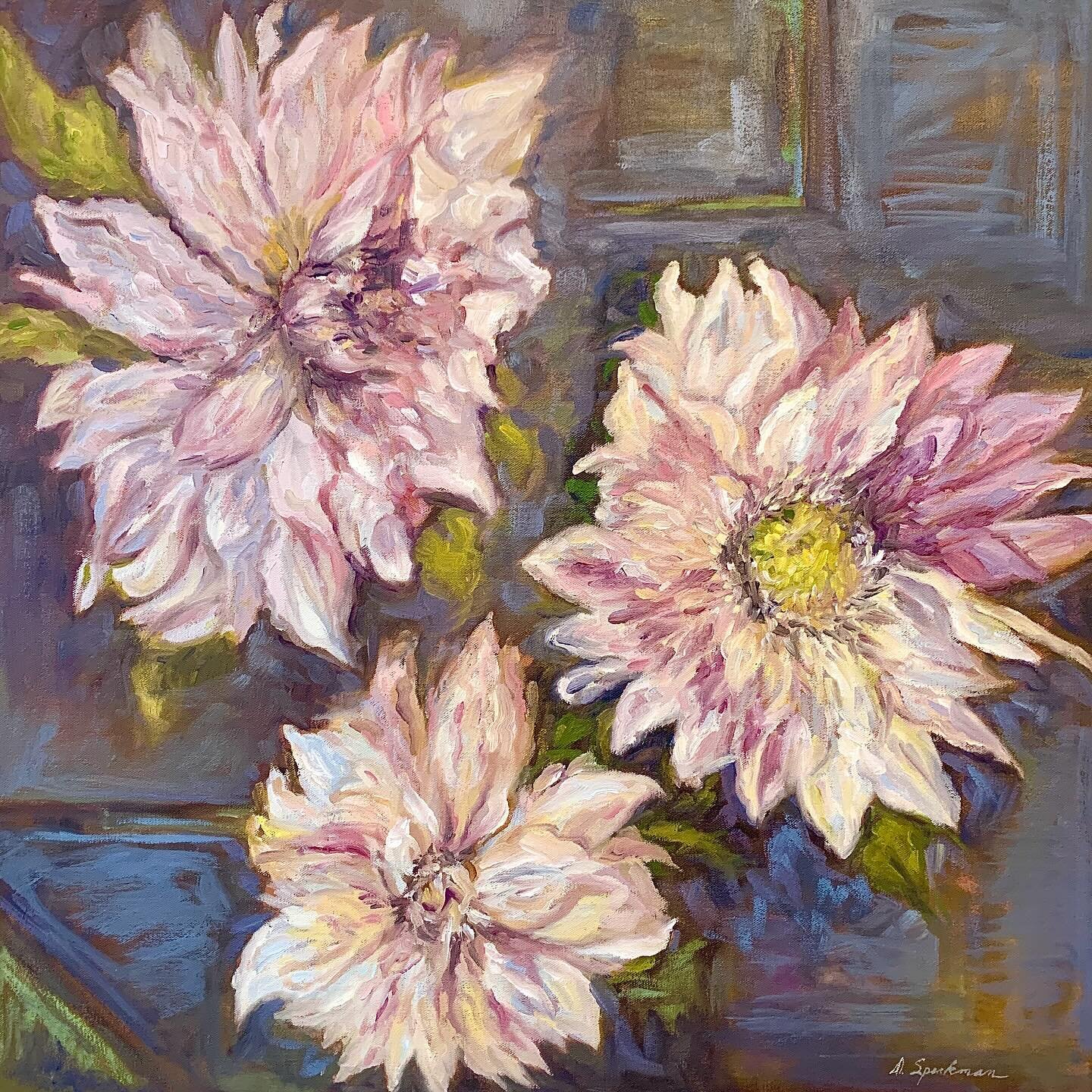 FINALLY some new works coming your way. The studio renovations have been on hold, and our other business has needed our undivided attention. But we are still here Fridays and Saturdays! 🌸
Dalia painting by Diane Speakman. 24&rdquo;x24&rdquo; oil on 