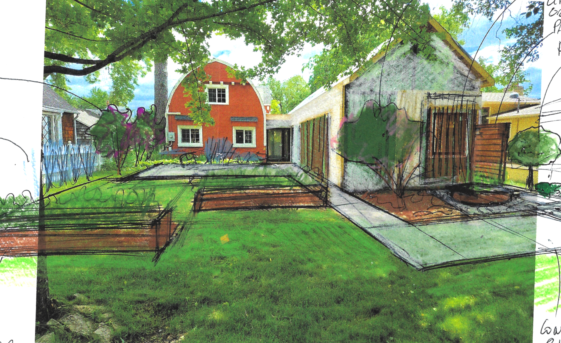 Hand-drawn landscape plan of a backyard featuring raised beds, a lawn, trees, pathways, a porch, and a greenhouse fence with annotations.