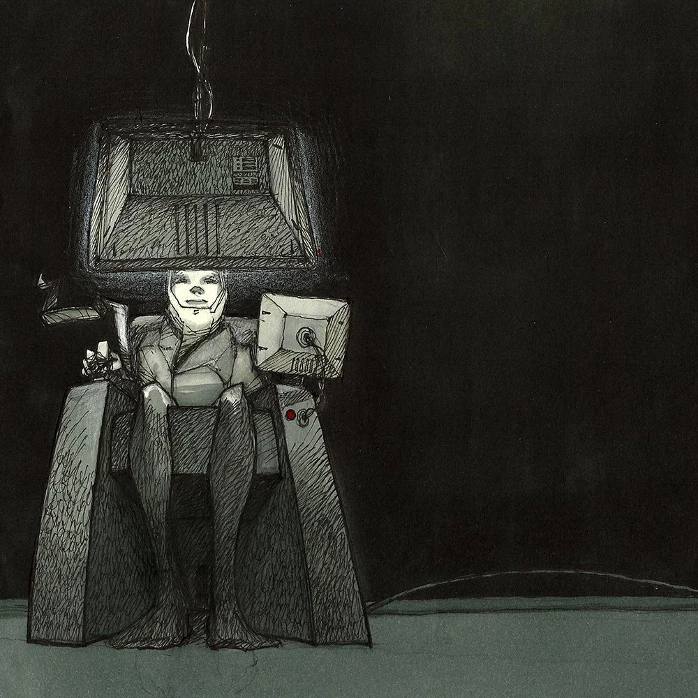 Illustration of a person sitting in a dark room, with a box-like structure over their head, surrounded by a computer, lamp, and various objects.