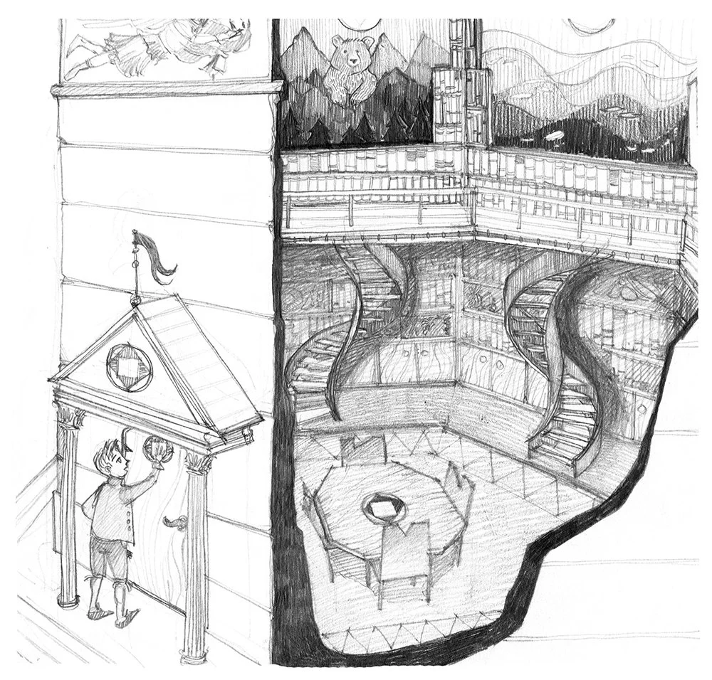 A hand-drawn sketch of a whimsical, multi-level library with a spiral staircase, a round table with four chairs, and a boy reaching up to ring a bell on a small porch with a triangular roof.