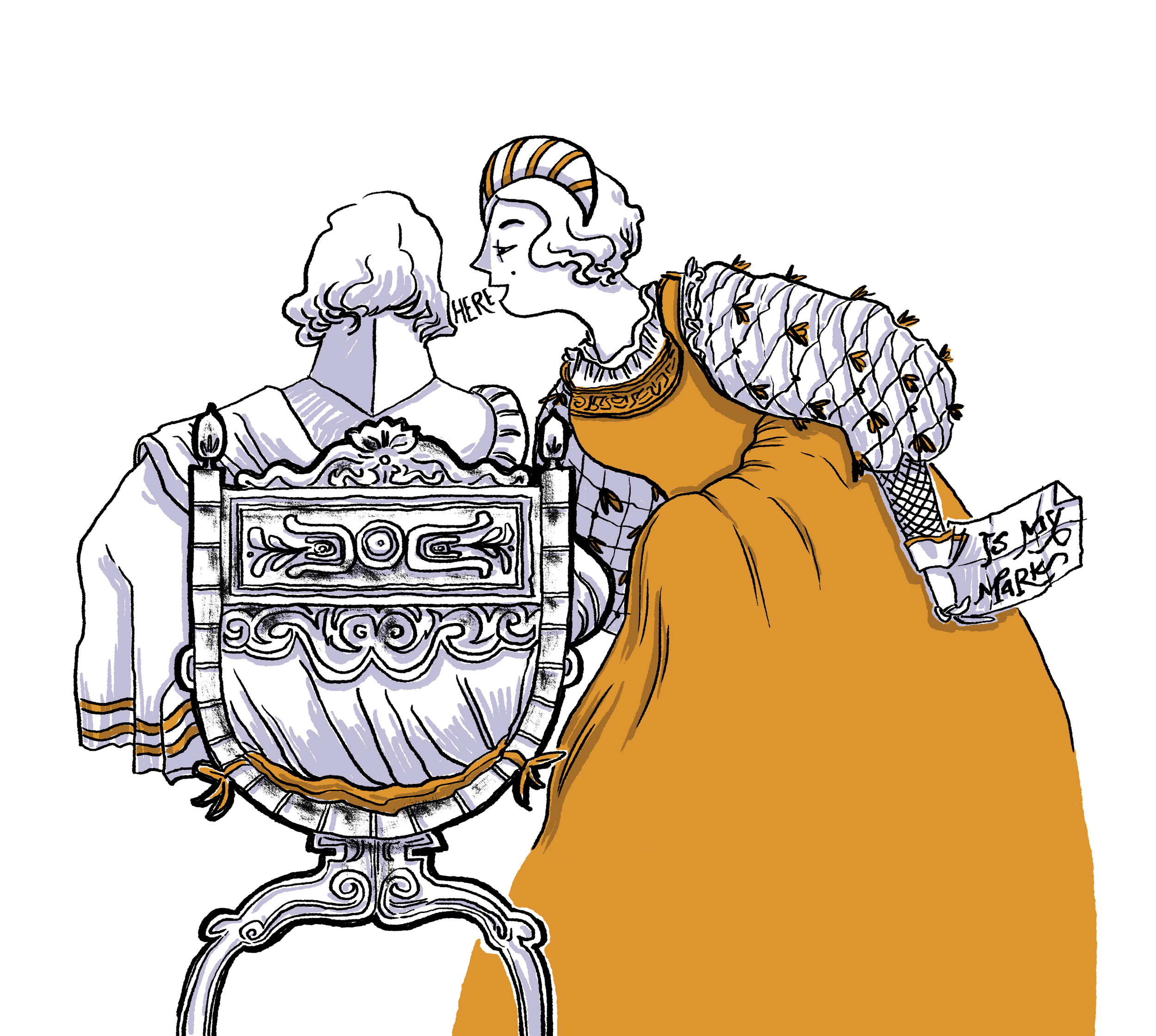 An illustration of a woman whispering the word Here in a man's ear obviously influencing his power and actions. She holds a letter with the words "is my mark" in her hand