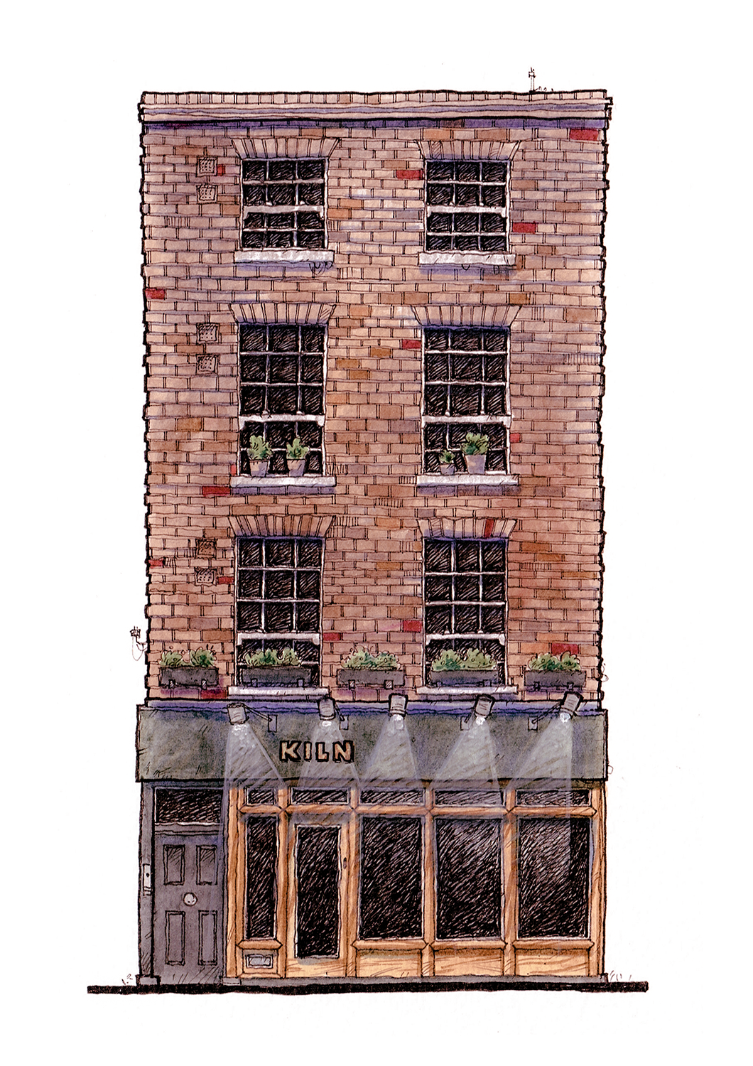 A watercolour architectural illustration of a facade for the thai restaurant Kiln situated in Soho in London