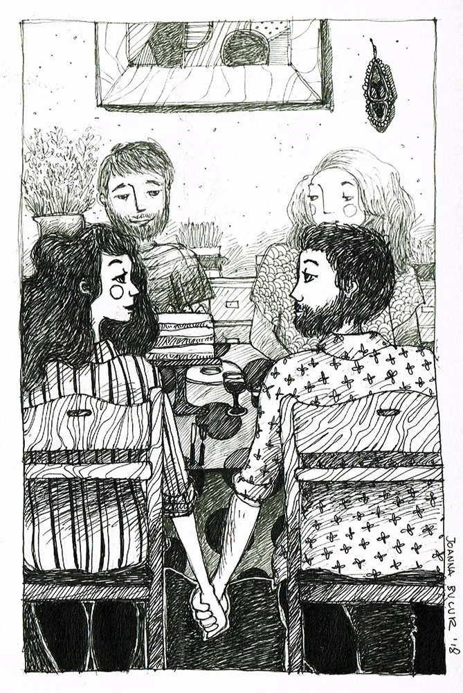 A black and white sketch of four people sitting around a table in a cozy interior, with two holding hands, various drinks on the table, and plants in the background.