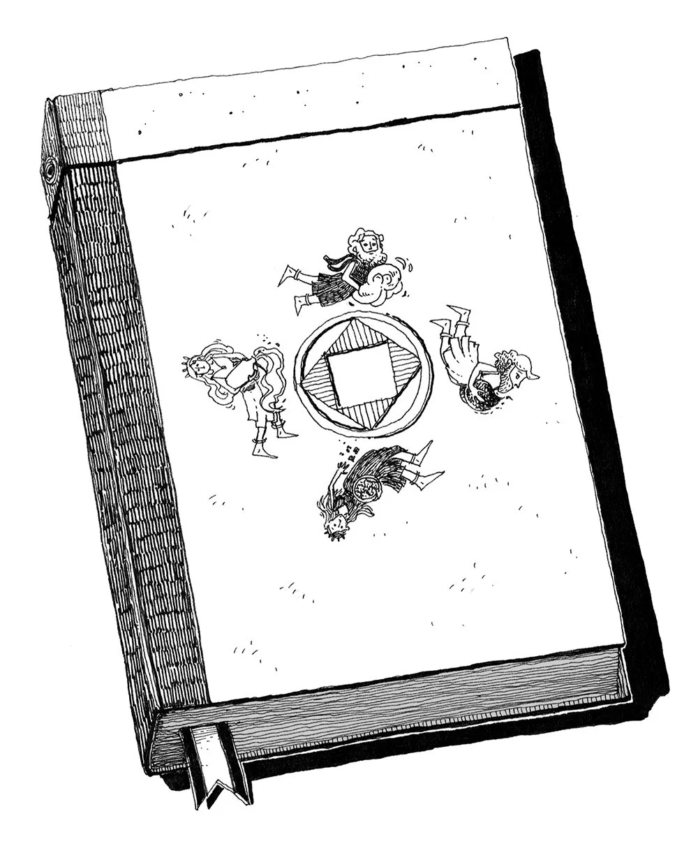 A black and white illustration of a tabletop soccer game featuring four children and a central circular dial in the middle of the table.