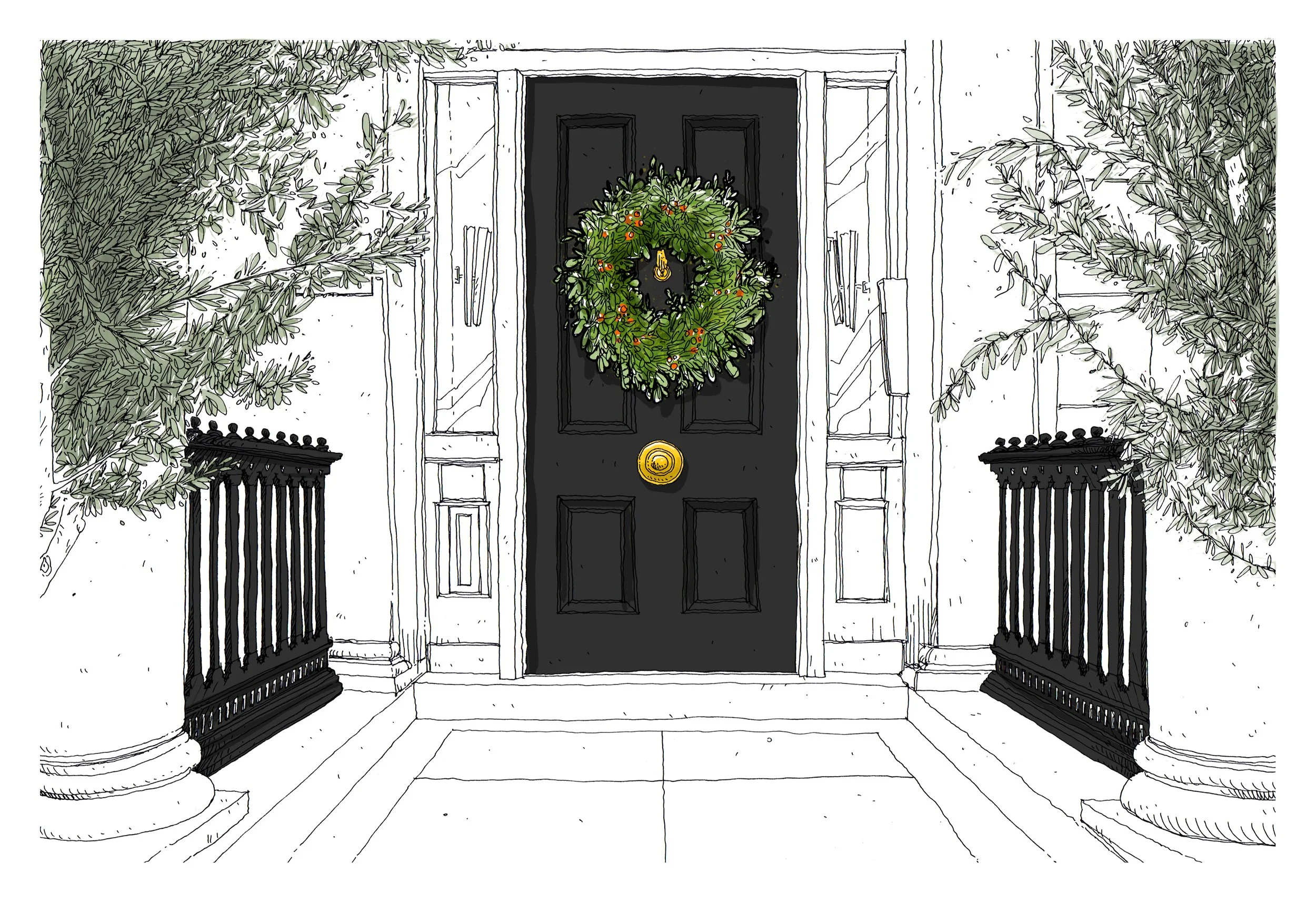 Black front door decorated with a green holiday wreath, flanked by two columns, with black railings on either side and greenery on both sides