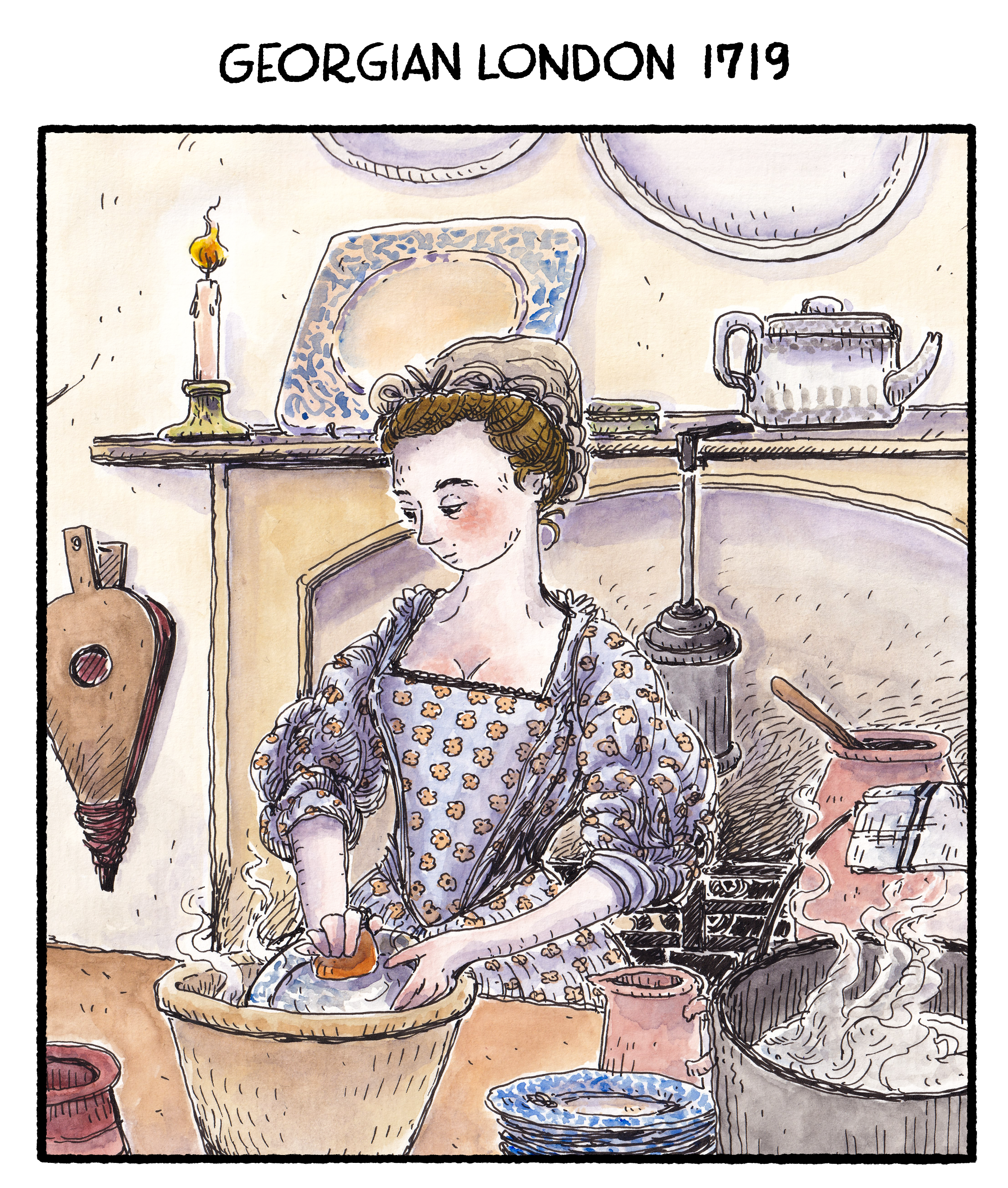 A watercolour illustration of a Georgian London lady cleaning a dish in a large pot with soap. She has a large bucket of boiled water near her and her face and hands are red from the head. She is standing in front of a coal fire place.