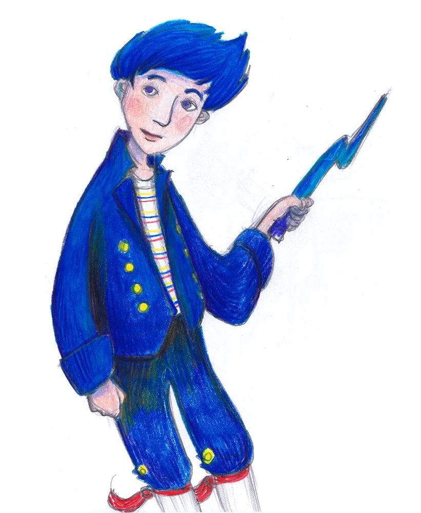 Hand-drawn illustration of a young boy with blue hair, wearing a blue jacket with yellow buttons, striped shirt, blue pants with yellow buttons, and red shoes, holding a blue lightning bolt-shaped wand.