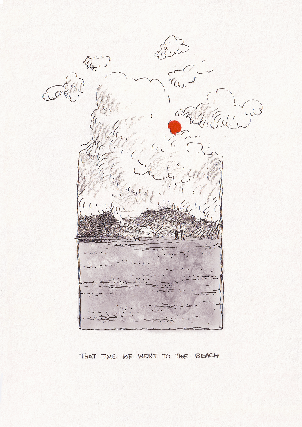 Illustration of a purple beach with two figures walking close to each other. The sky is full of fluffy clouds and there is a red sun