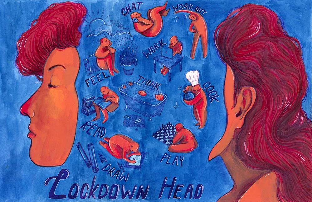 Illustration of two women facing each other, with various childhood and creative activities around them, including reading, drawing, playing, cooking, working on a computer, chatting, and thinking, depicting a mental state called 'Lockdown Head'.
