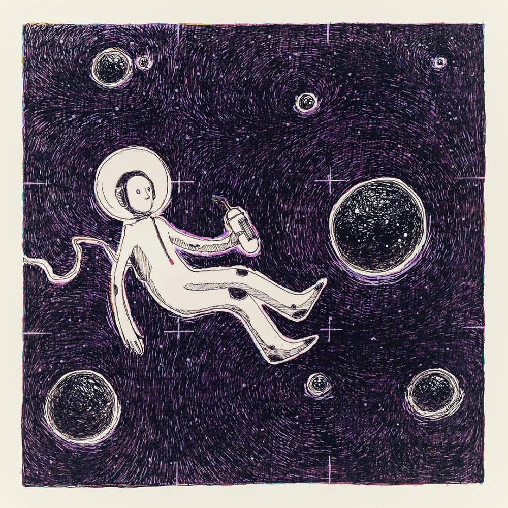 An illustration of a person in a spacesuit floating in space surrounded by stars and planets, holding a bottle.