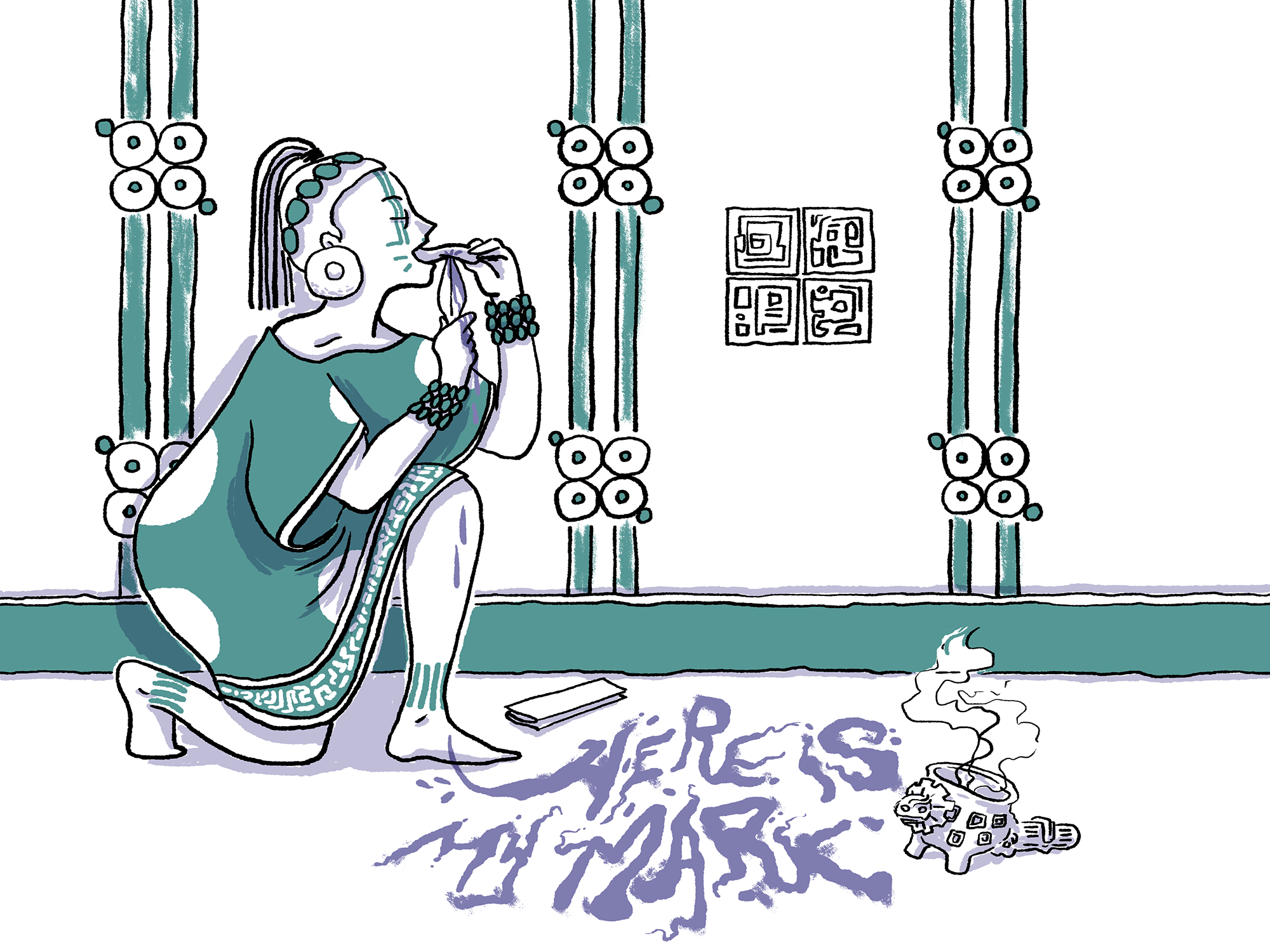 An illustration of a woman in the Maya Civilization performing a bloodletting ceremony