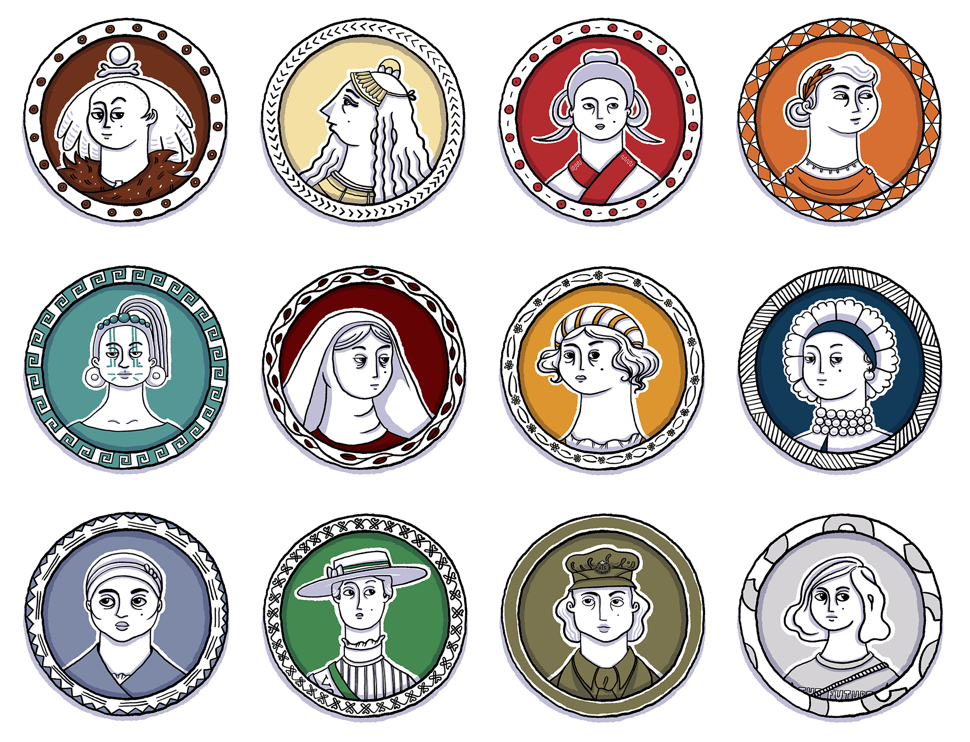 An illustration of medalion portraits of different ladies across time from prehistoric to modern, including Ancient Egipt, Ancient China, Rome, Medieval Time and Renaissance