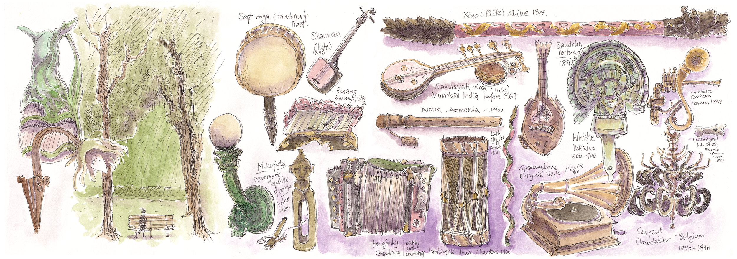 A watercolour illustration spread with a few details from Bruxelles such as a park and a light from the main Town Hall as well as a lot of historical instruments from all over the world from the Museum of Musical Instruments