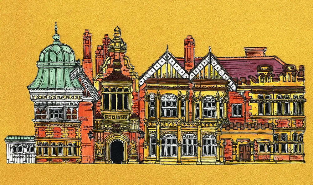 Sketch of an ornate, historic mansion with a yellow and brick facade, multiple turrets, decorative windows, and intricate architectural details, set against a yellow background.