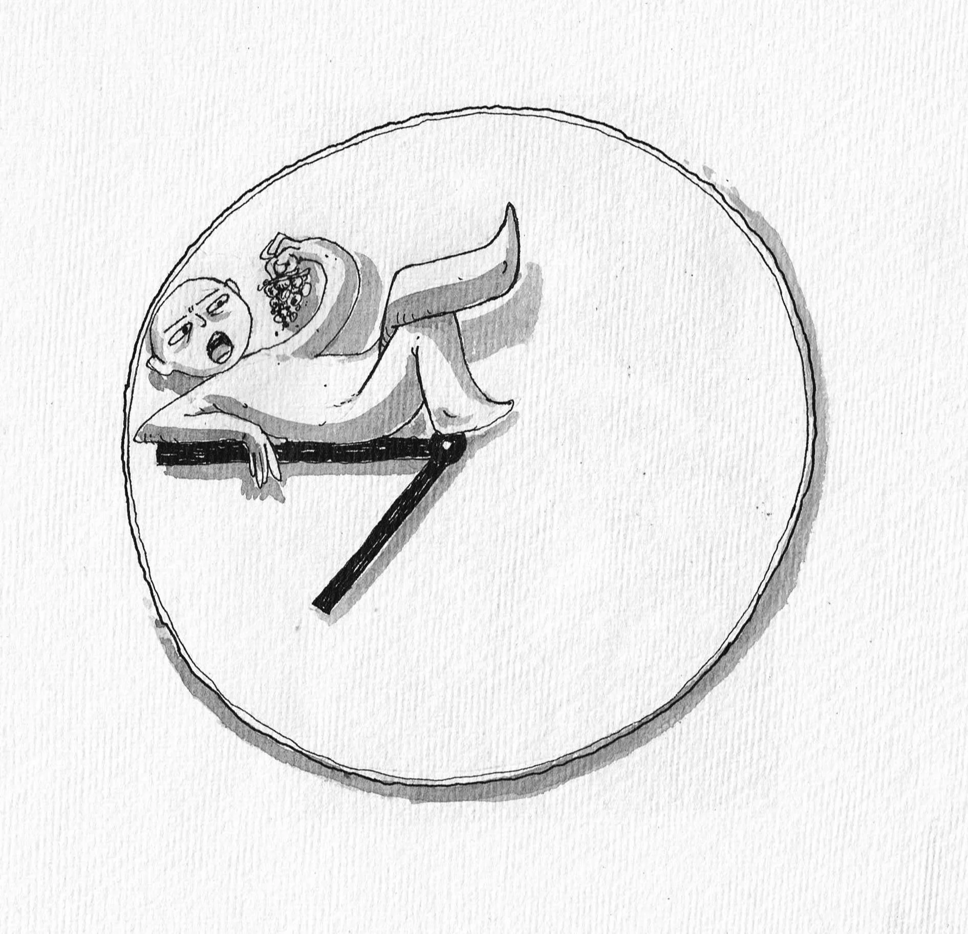 Sketch of a person lounging on a clock face, holding a bunch of grapes, with a relaxed expression.