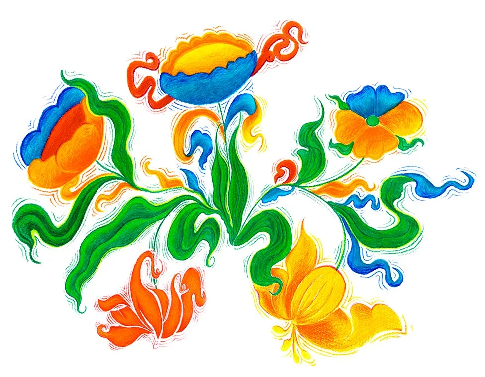 Colorful abstract floral artwork with vibrant orange, yellow, blue, and green elements resembling flowers and leaves.