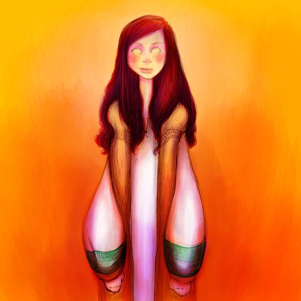 A digitally stylized illustration of a woman with long red hair, wearing thigh-high stockings, and a white dress or robe, set against an orange background.