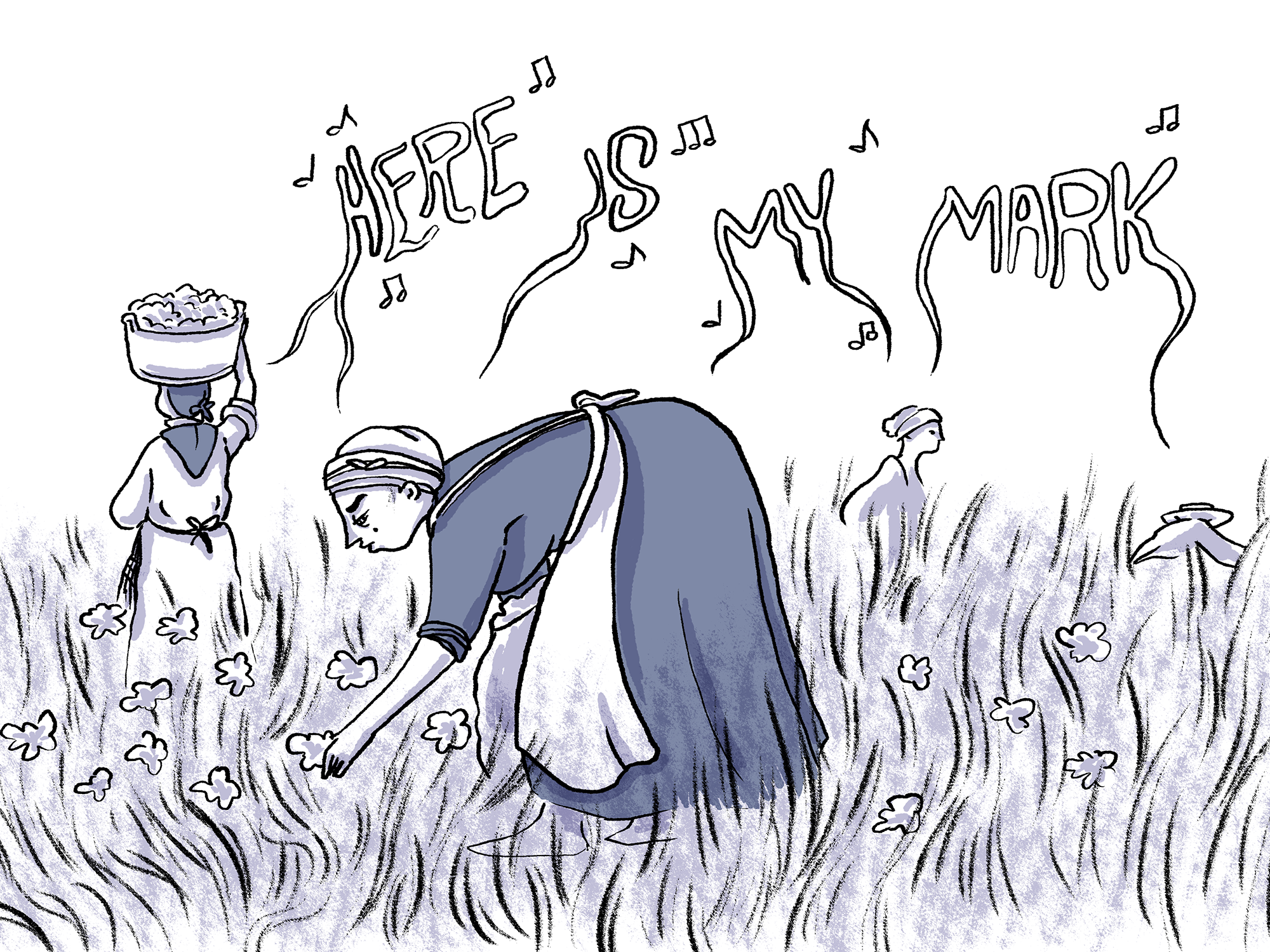 An illustration of an enslaved woman picking cotton and singing a song of resistance and identity