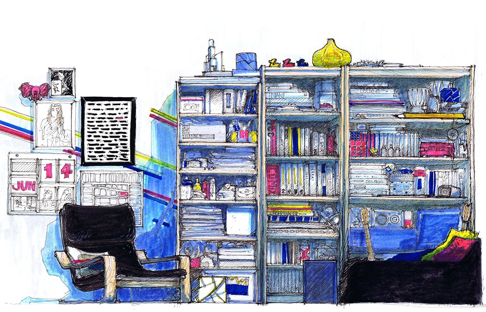 Colorful hand-drawn illustration of a home office or living space with a black armchair, a tall bookshelf filled with books and decorative items, a small wall calendar, framed pictures, and a blue wall with rainbow stripes.