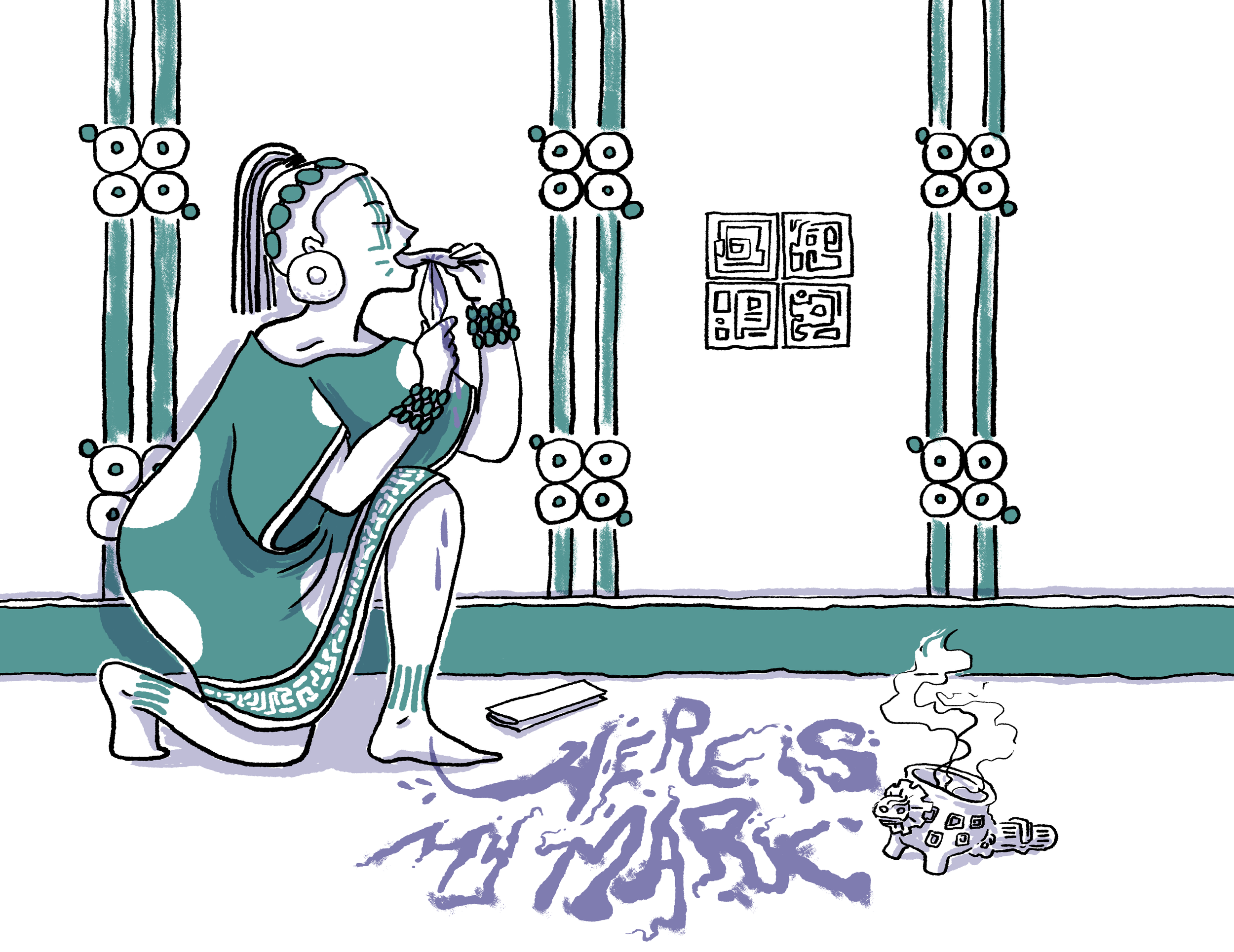 An illustration of a woman performing a tongue piercing ceremony in Ancient Maya Civilization