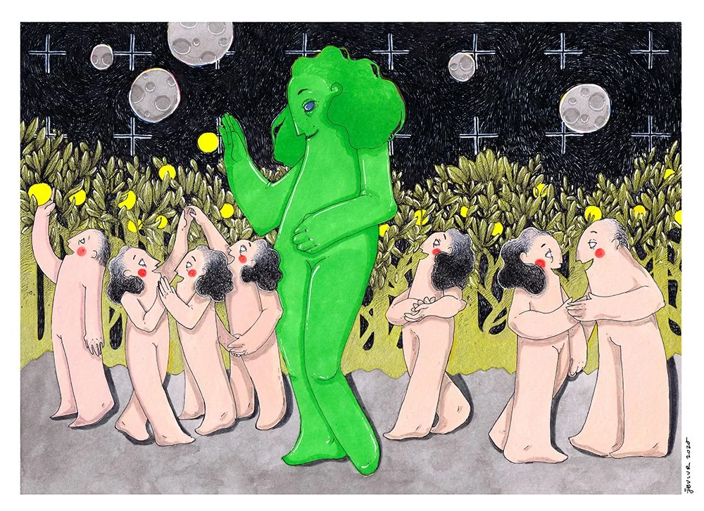 A green humanoid figure playing a yellow ball with a group of nude people with beards, under a starry sky with moons, in a field of leafy plants.