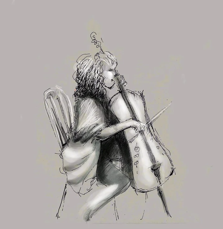 Sketch of a young girl with curly hair sitting on a chair, playing the cello.