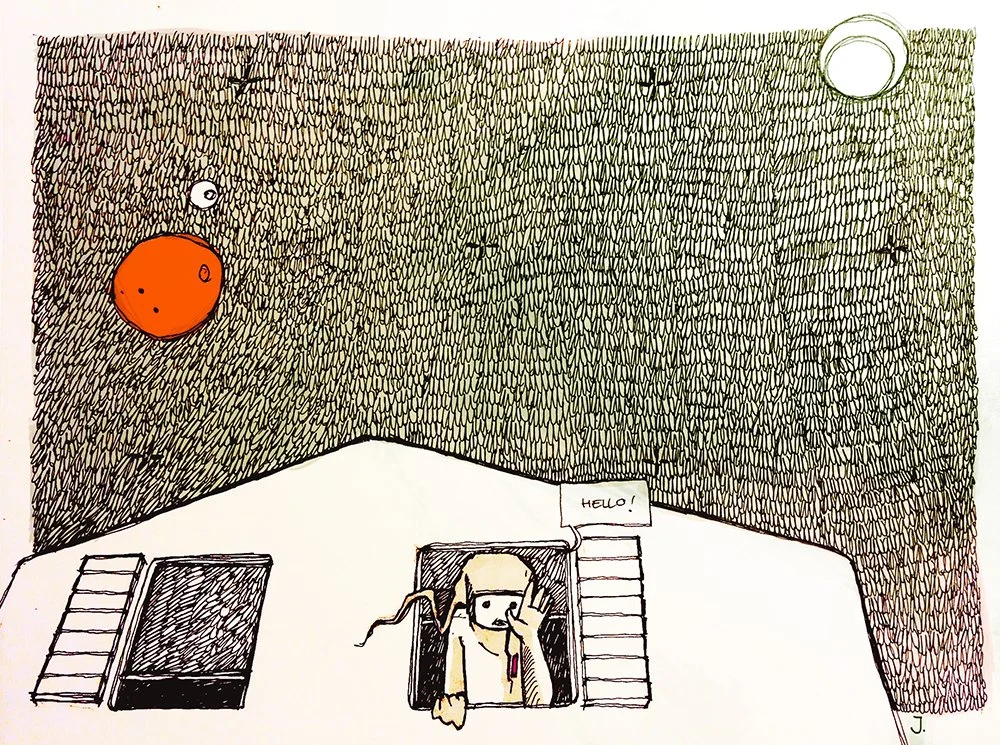 A person with glasses and a hair bun leaning out of a house window, holding a phone and saying 'HELLO!'. The house has a sloped roof with a window and a door. The sky is decorated with a large orange planet, small white planets, and a large white moo