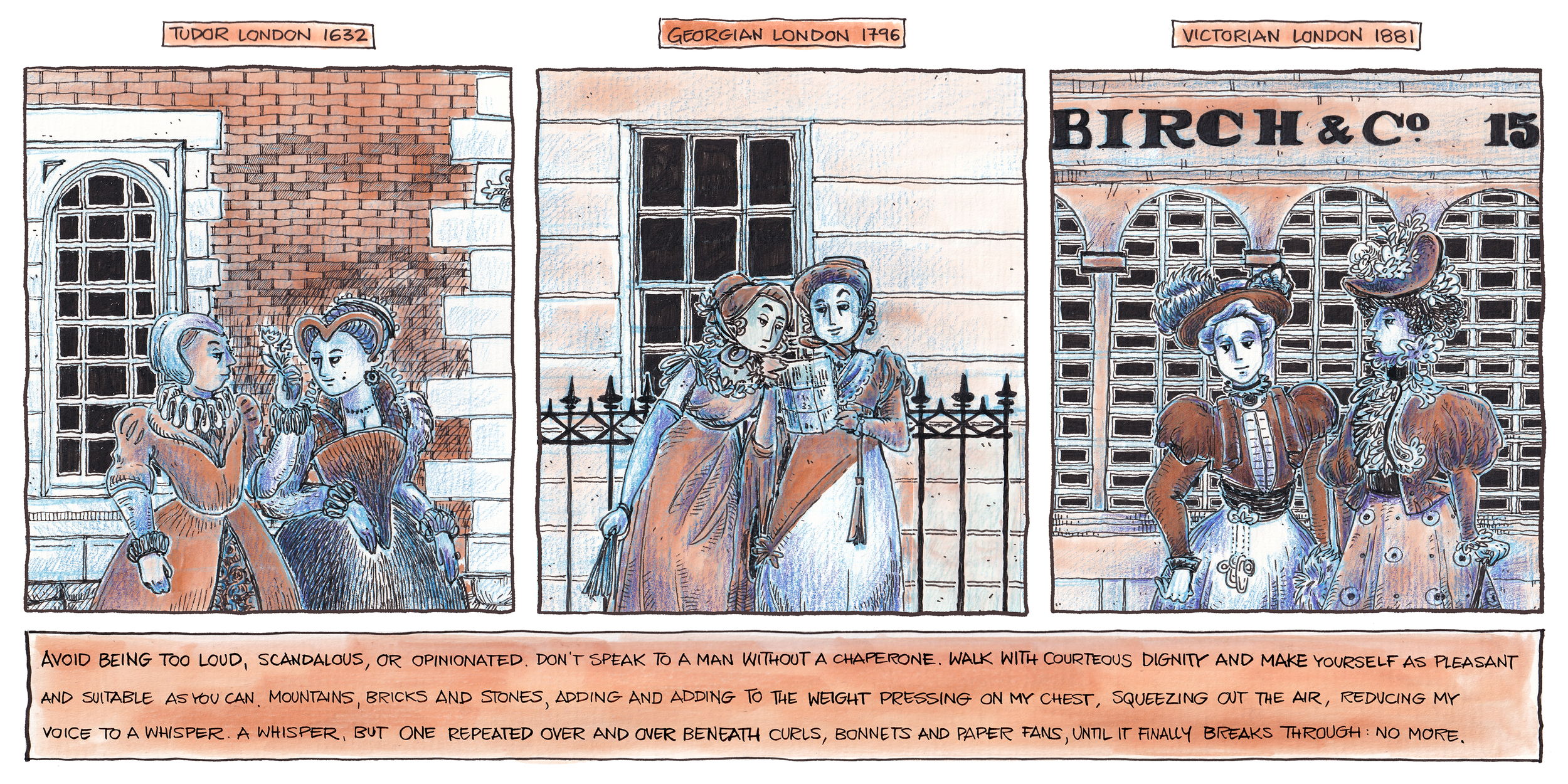 A comic panel of three images with two ladies each in a different time slice, continuing with Tudor London, Georgian London and Victorian London. Each pair walking on the street in different historical appropriate fashions