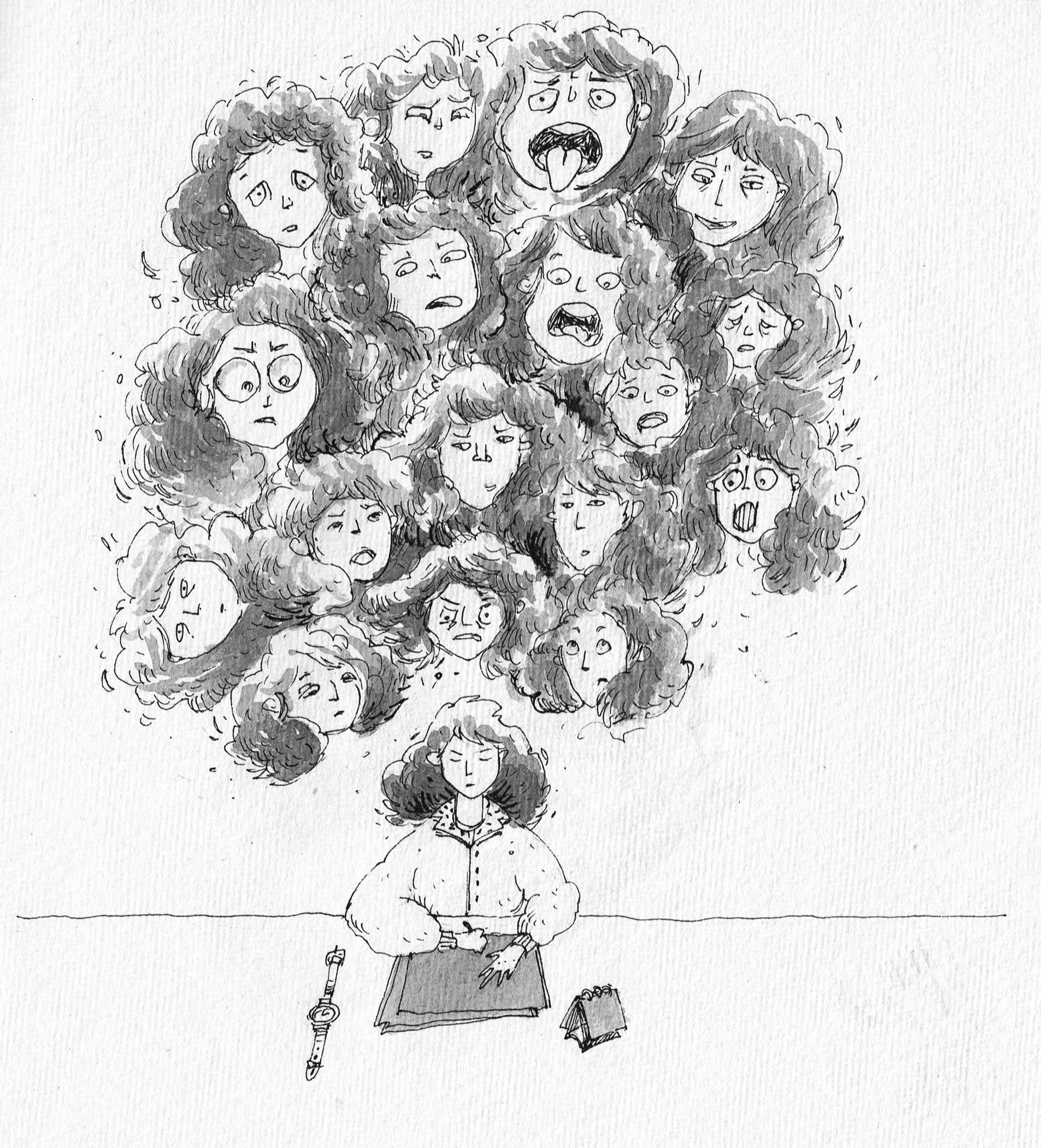 A person with closed eyes drawing at a desk, surrounded by a large cloud of various expressive faces illustrating different emotions.
