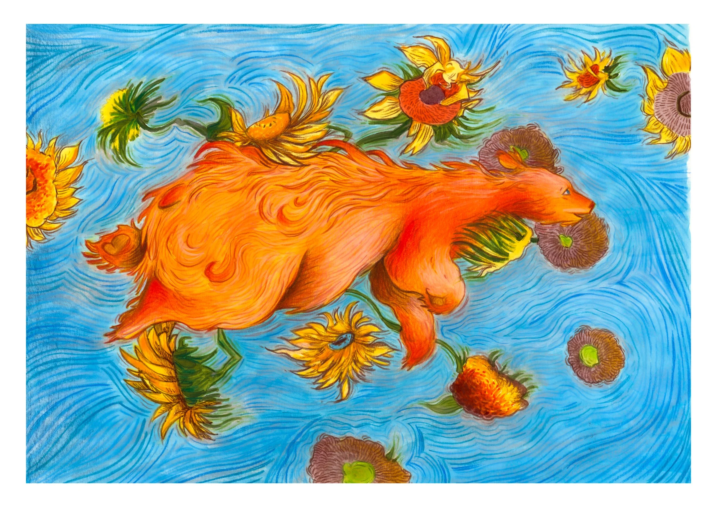 An illustration by Joanna Bucur with a bear called Vincent Van Bear flying through Sunflowers, image inspired by Vincent Van Gogh's work