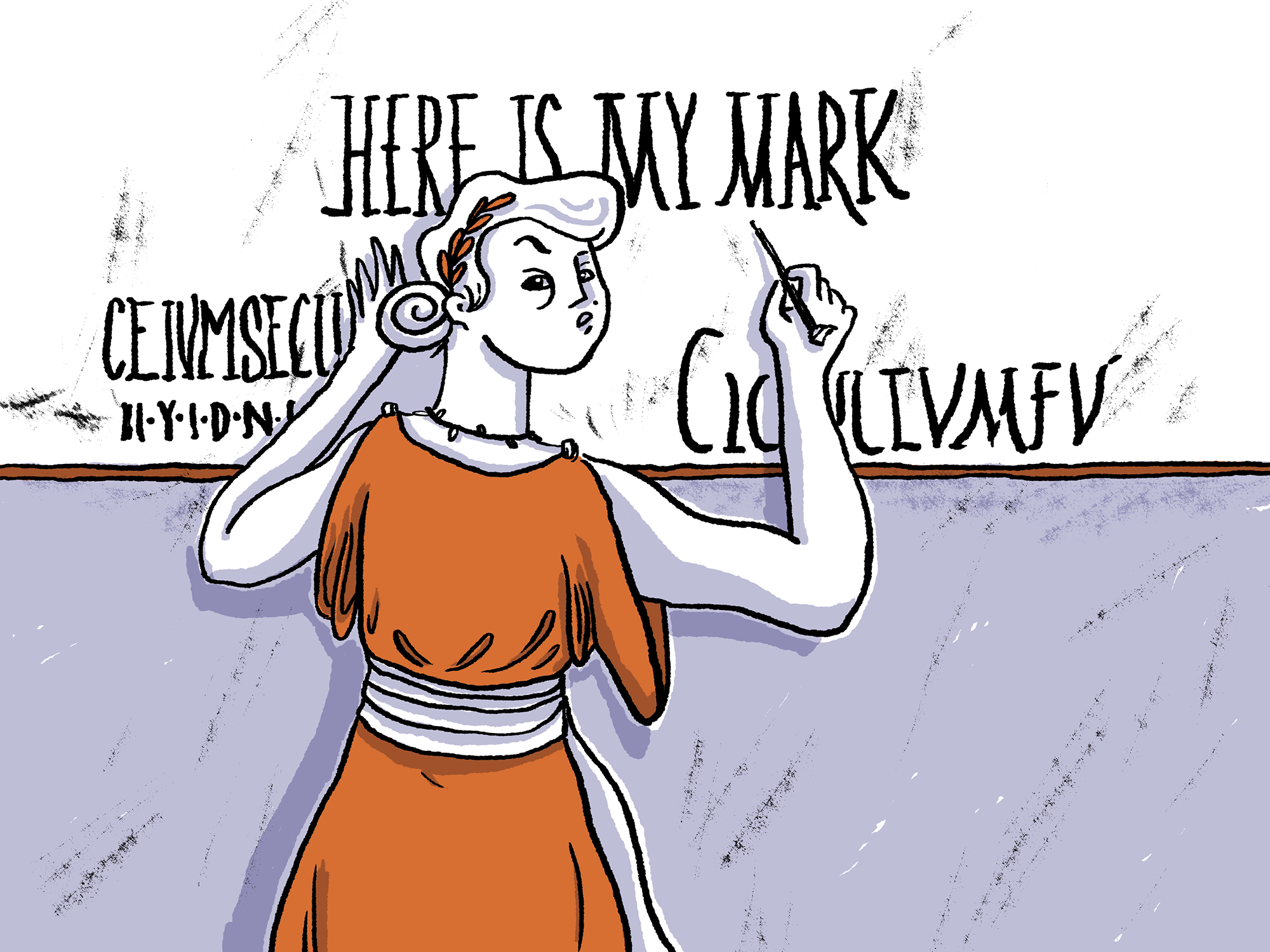 An illustration of a woman in Roman Londinium scratching her mark on the walls of the city