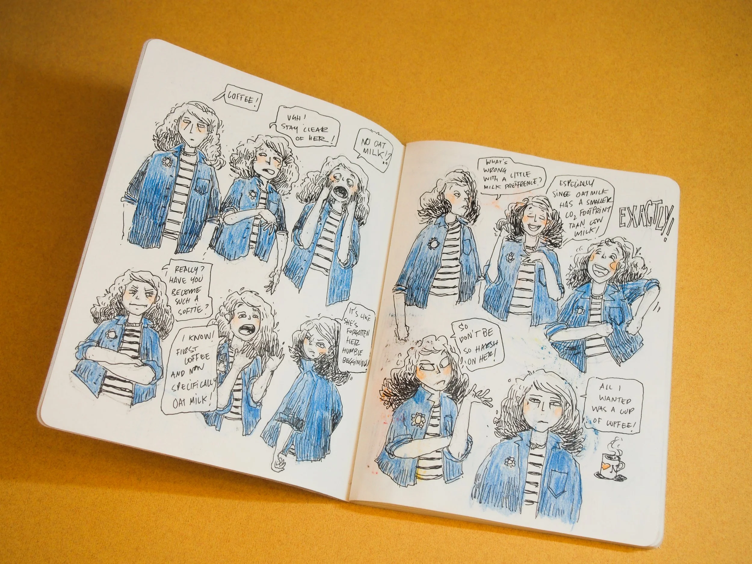 Open sketchbook showing comic-style drawings of a woman talking about coffee, oat milk, and her coffee preferences, with varying expressions and speech bubbles.