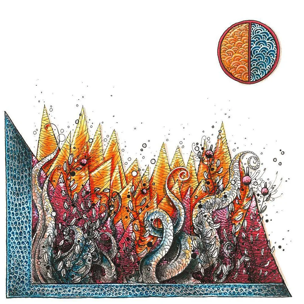 An abstract, colorful illustration of tentacles intertwined with mountain-like shapes, with a circular pattern resembling a brain in the top right corner.
