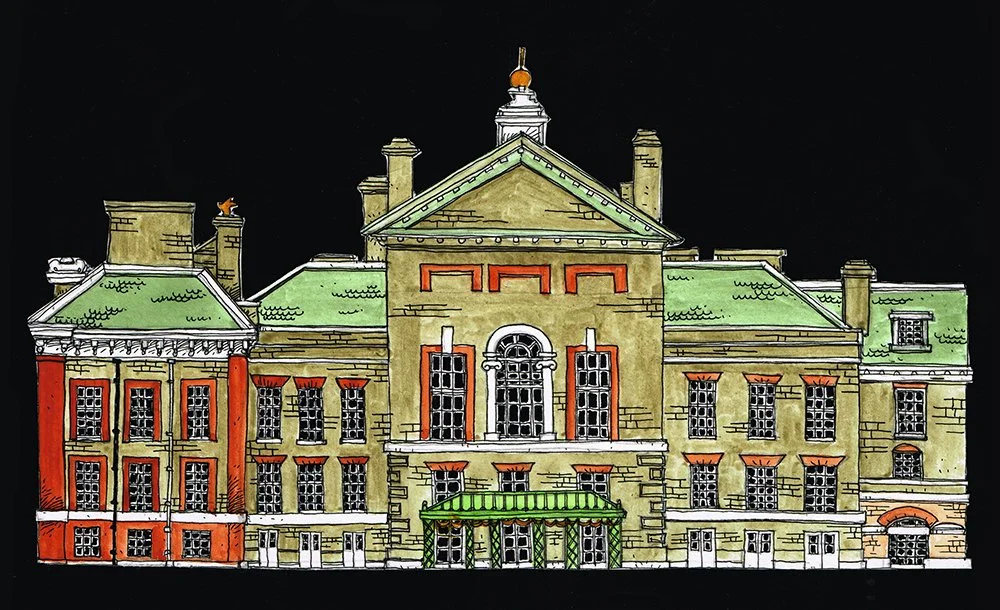 Drawing of a historic multi-story building with a green roof, beige brick walls, and large windows against a black background.