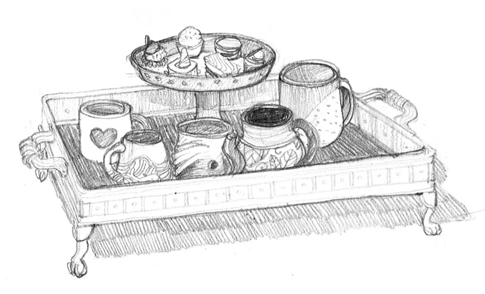 Pencil sketch of four coffee mugs and a tray of assorted snacks on a wooden tray with carved legs.