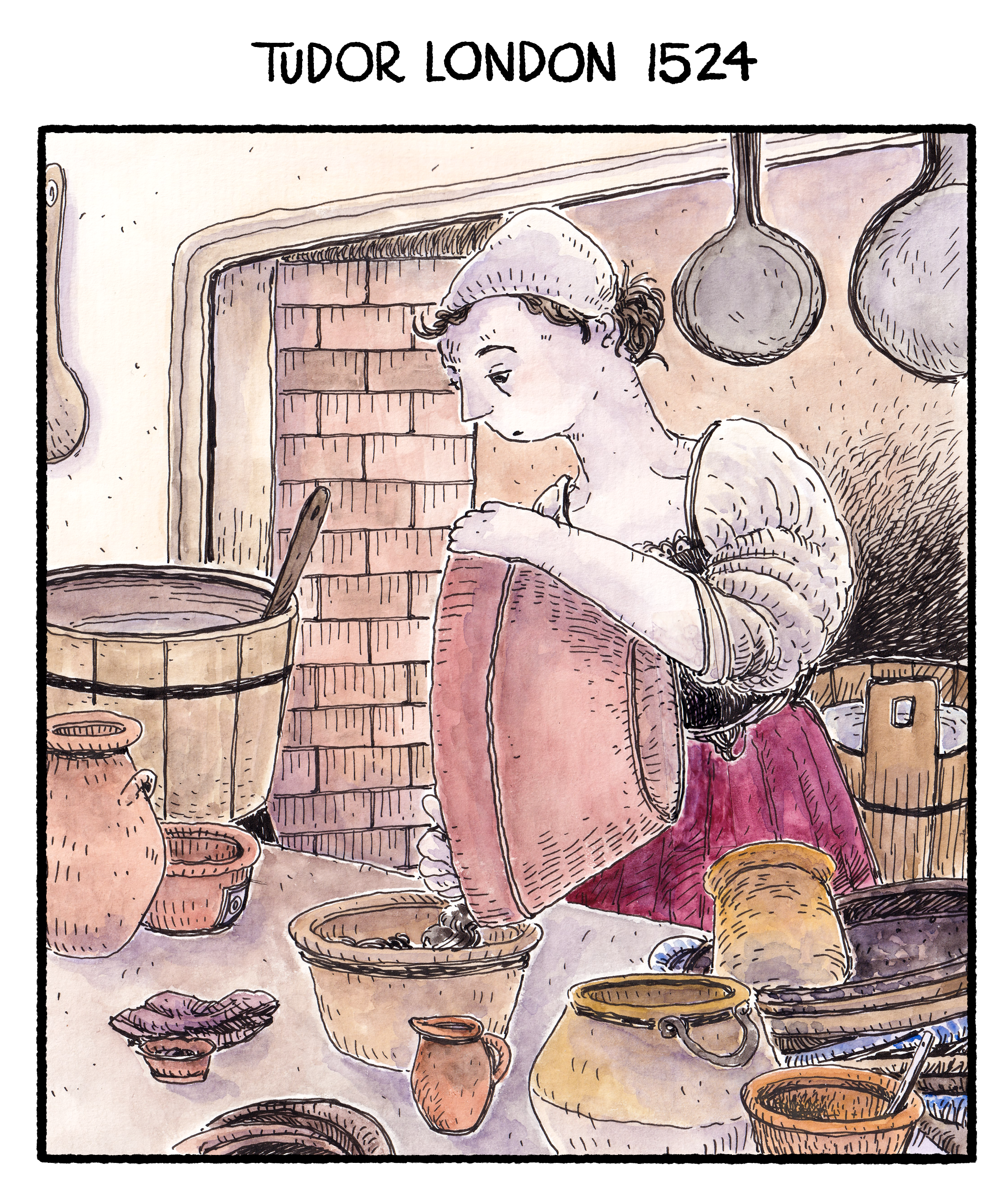 A watercolour illustration of a Tudor London maid scrubbing a large pot with wood ash. She is standing at a wooden table in the kitchen in front of a large fire pit. There are dirty pots around her but also little bits to help her clean the pots.