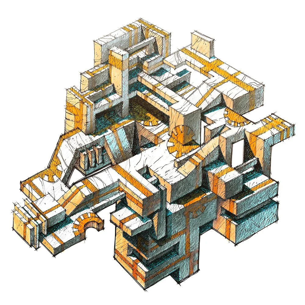 Sketch of a modern architectural building design with various interconnected rooms and corridors, rendered in pencil, ink, and light watercolor.