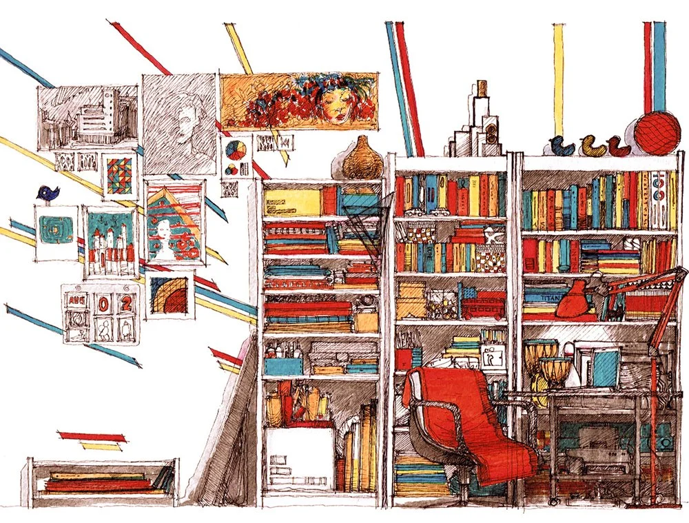 Colorful illustrated bookshelf filled with books, desk, red chair, and decorative items in a cozy study.