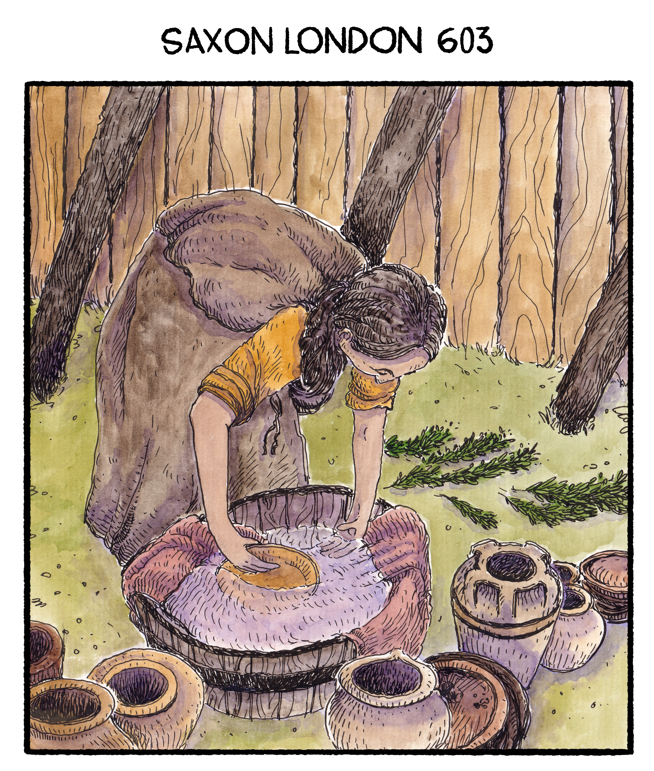 A watercolour illustration of a Saxon Woman leaning over a wooden pail of water. The pail is draped with a cloth and she is washing pottery dishes. Next to her there is a pile of plants and more dirty pottery. She is outside on the grass.